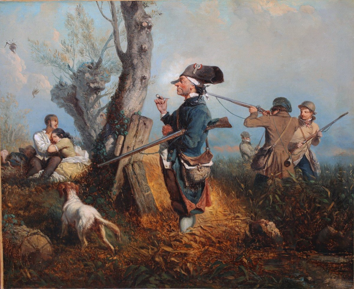 French School Of The 19th Century, The Hunting Party, Oil On Canvas.