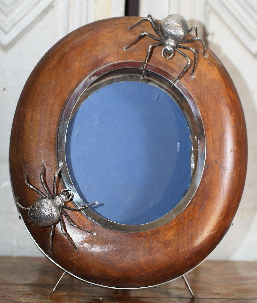 Cadre à Photo Vers 1940, Bois Et Métal Argenté, Décor d'Araignées.