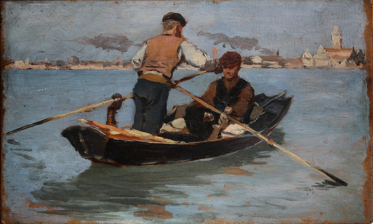 Italian School Late 19th Century, Rower Study In Italy, Oil On Wood.