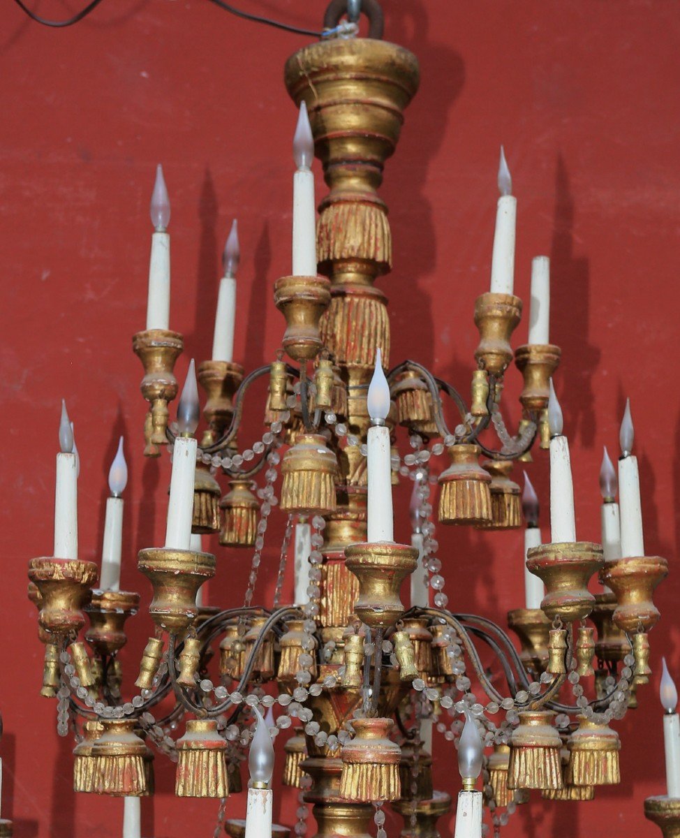Italy Circa 1900, Important Chandelier In Sheet Metal And Golden Wood With Pompoms-photo-2