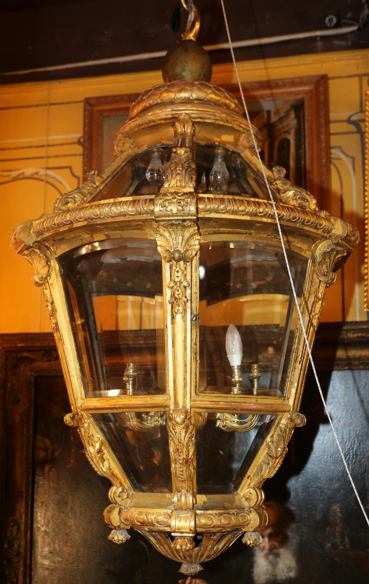 Style Vénitien XVIII Vers 1900, Très Importante Lanterne En Bois Doré Sculpté.-photo-3