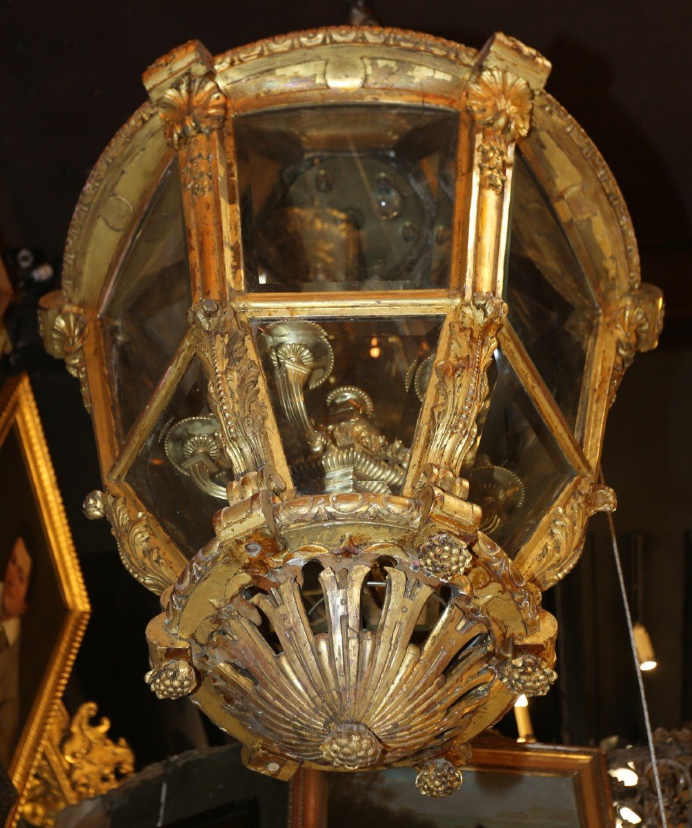 Venetian Style XVIII Circa 1900, Very Important Lantern In Carved Golden Wood.-photo-4