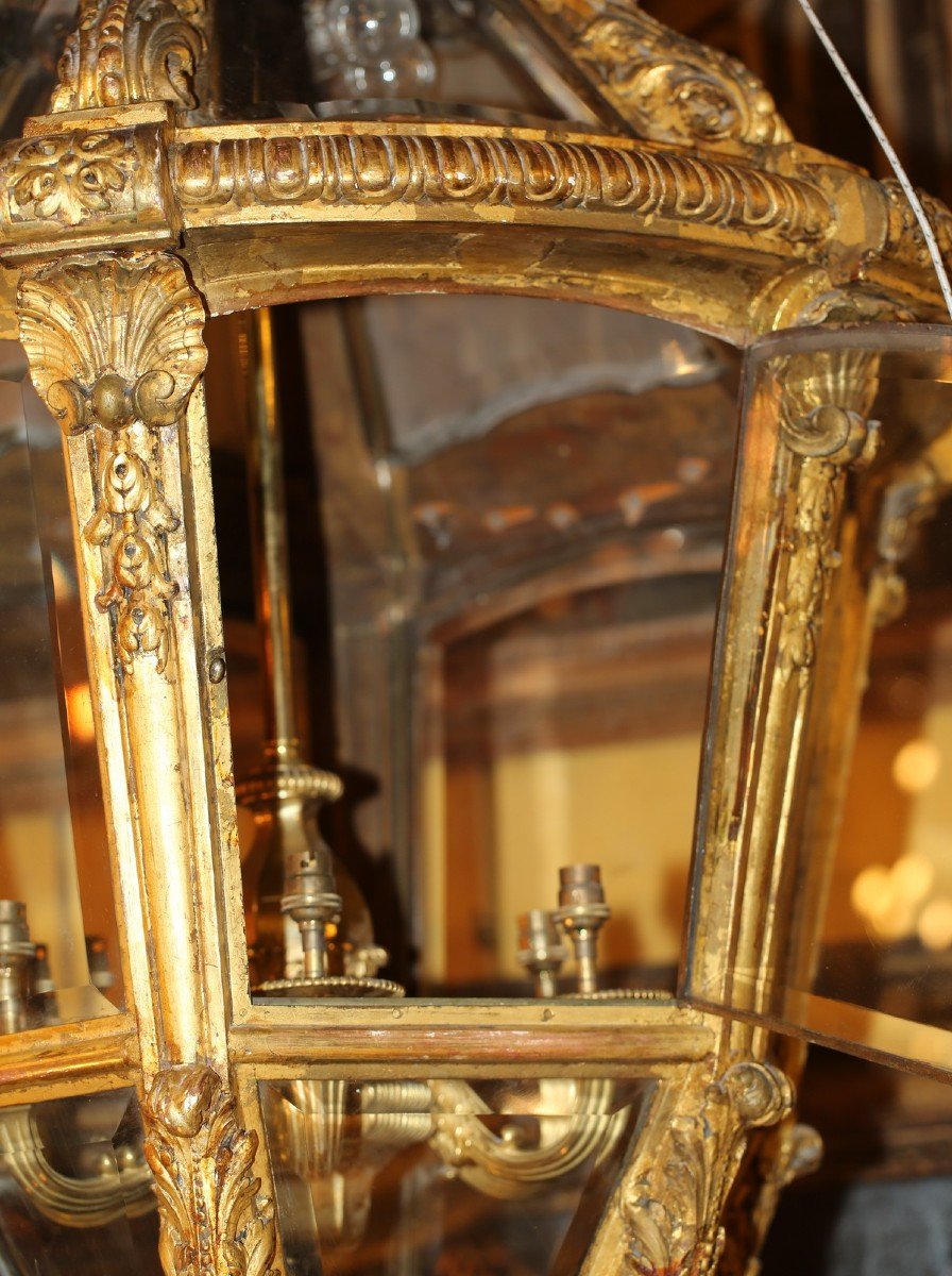 Venetian Style XVIII Circa 1900, Very Important Lantern In Carved Golden Wood.-photo-2