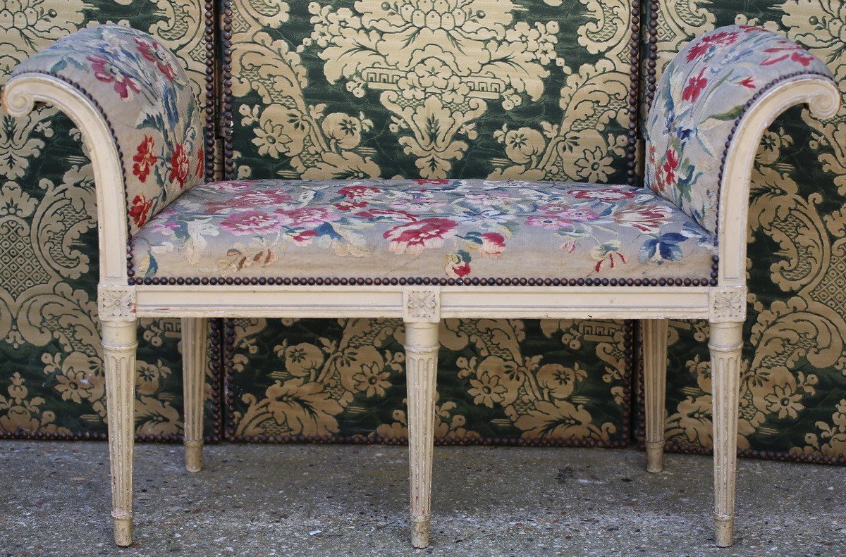 Pair Of Splay Benches In Molded, Carved, Lacquered Wood Louis XVI Period-photo-2