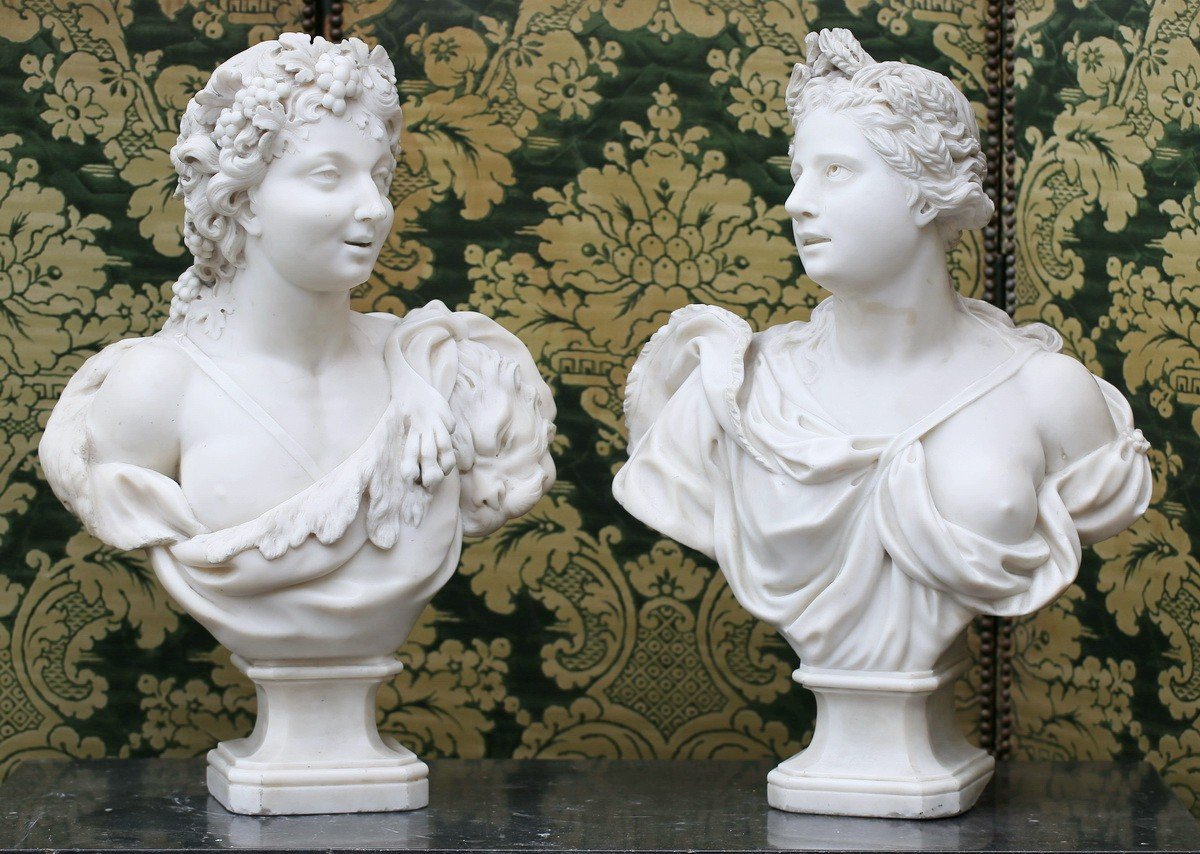 Italian School From The 18th Century, Allegory Of Autumn And Summer, Pair Of Marble Busts.