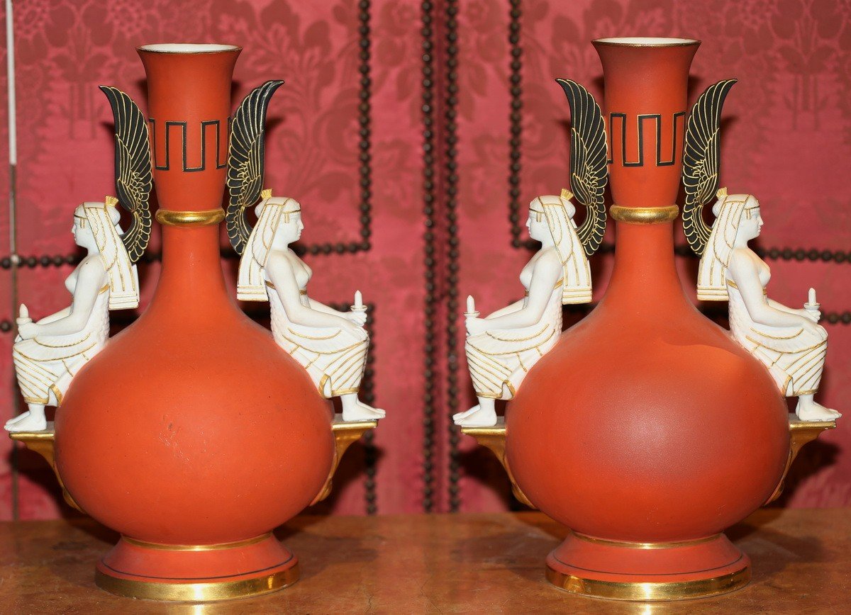 Porcelaine De Paris Vers 1840, Paire De Vases Néoclassiques Fond Corail.-photo-2