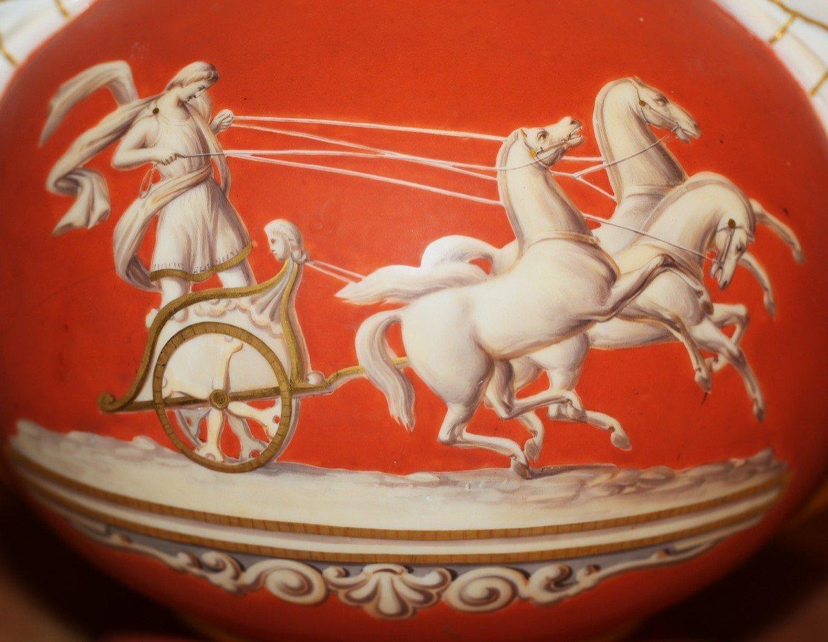 Porcelaine De Paris Vers 1840, Paire De Vases Néoclassiques Fond Corail.-photo-3