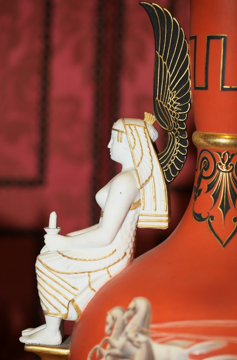 Porcelaine De Paris Vers 1840, Paire De Vases Néoclassiques Fond Corail.-photo-4