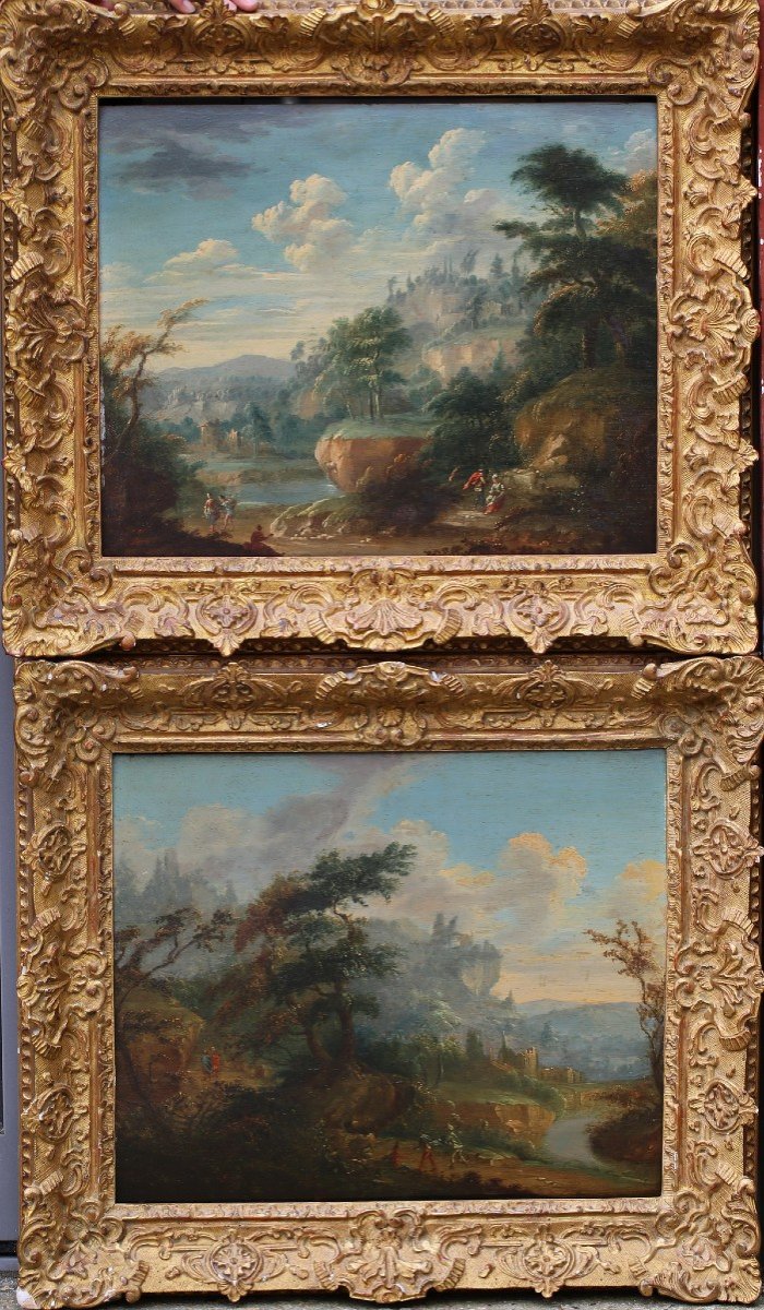 French School, Late 18th Century, Animated Mountainous Landscapes, Pair Of Oils On Panel