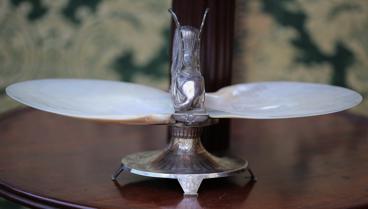 Vide Poche Style Retour d'Egypte En Argent Minerve Sphinge Ailé Et 2 Coquillages Nacre-photo-3