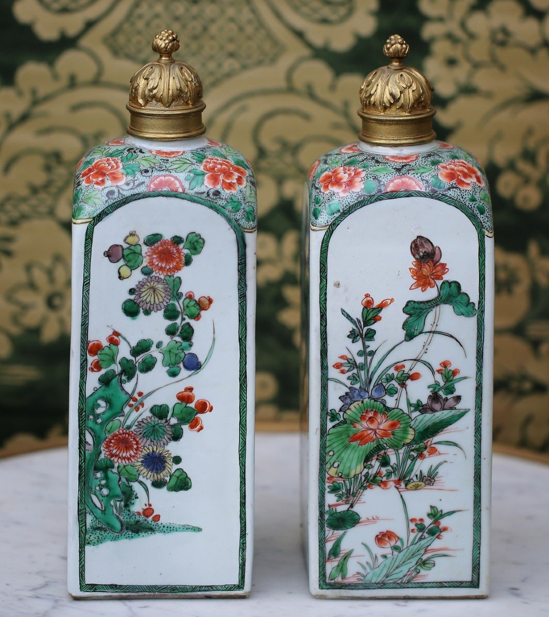 China Kangxi Period Pair Of Square Famille Verte Bottles, Later Gilt Bronze Stoppers.-photo-2