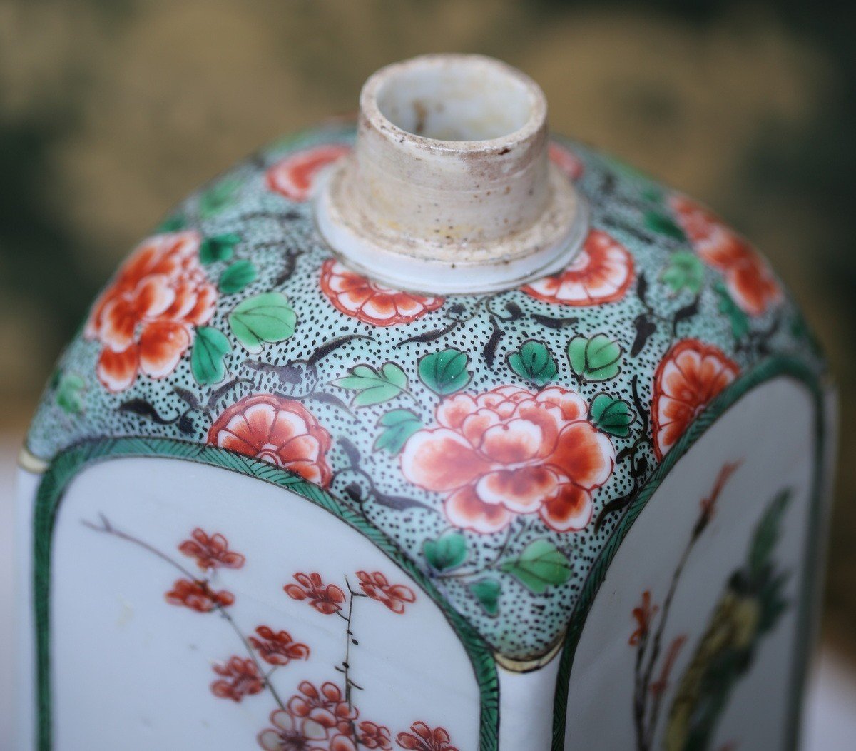 China Kangxi Period Pair Of Square Famille Verte Bottles, Later Gilt Bronze Stoppers.-photo-1