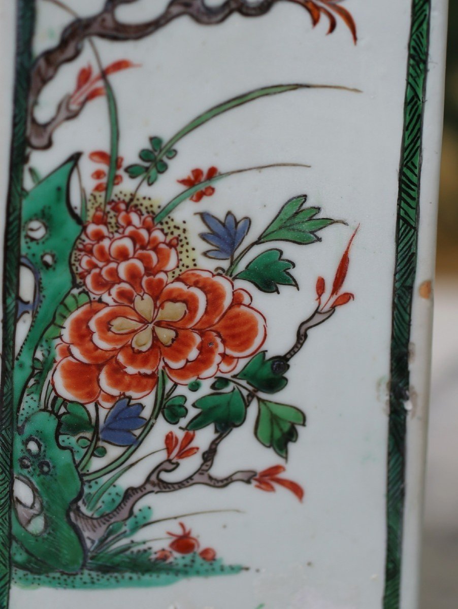 China Kangxi Period Pair Of Square Famille Verte Bottles, Later Gilt Bronze Stoppers.-photo-2