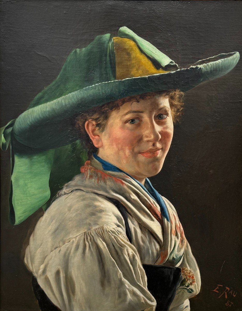 Emil Rau 1858-1937, Jeune Fille Portant Le Costume Bavarois Traditionnel En 1887 -photo-2