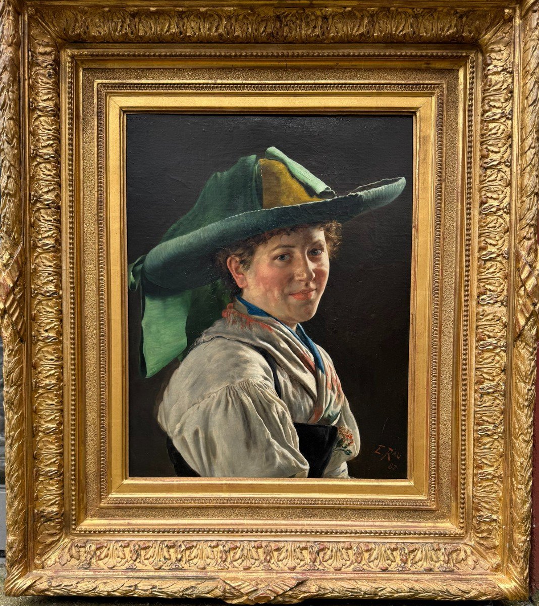 Emil Rau 1858-1937, Jeune Fille Portant Le Costume Bavarois Traditionnel En 1887 