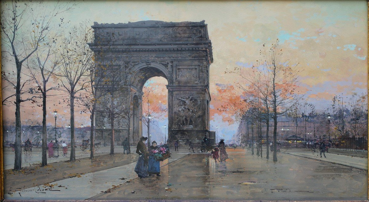 Eugène Galien Laloue 1854-1941, Place De l'Etoile In Paris, Watercolor And Gouache-photo-2