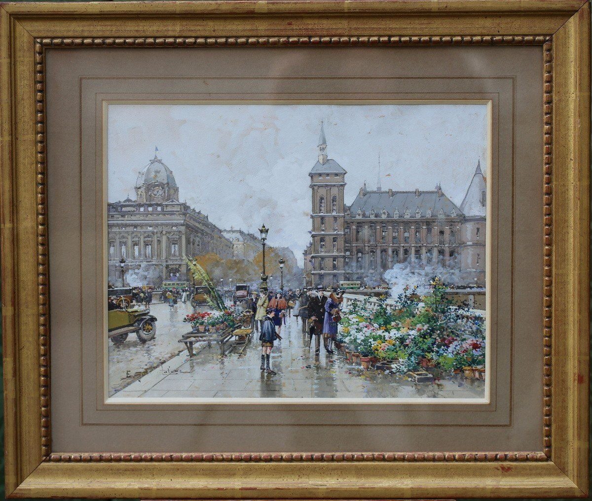 Eugène Galien Laloue 1854-1941, The Flower Market In Paris, Watercolor And Gouache