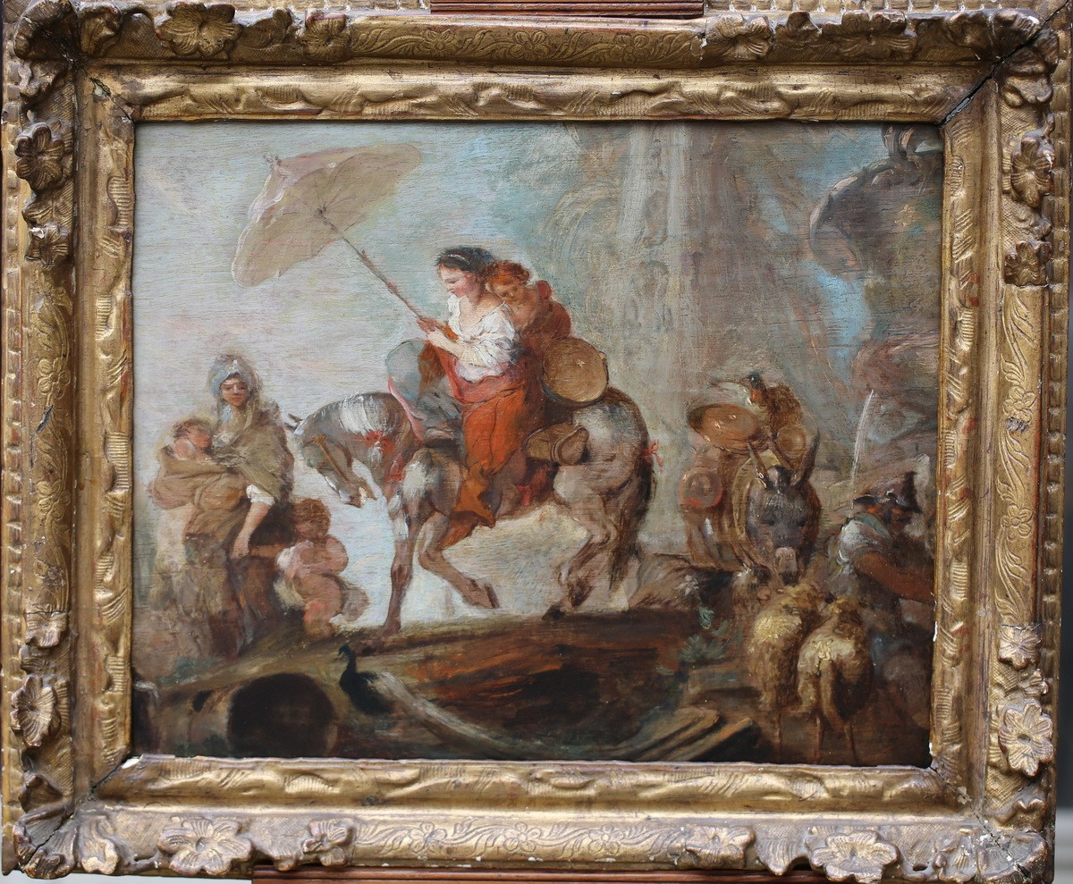 Jérôme Chantereau 1710-1757 Attributed To, Young Woman And Child On Horseback Oil On Wood.