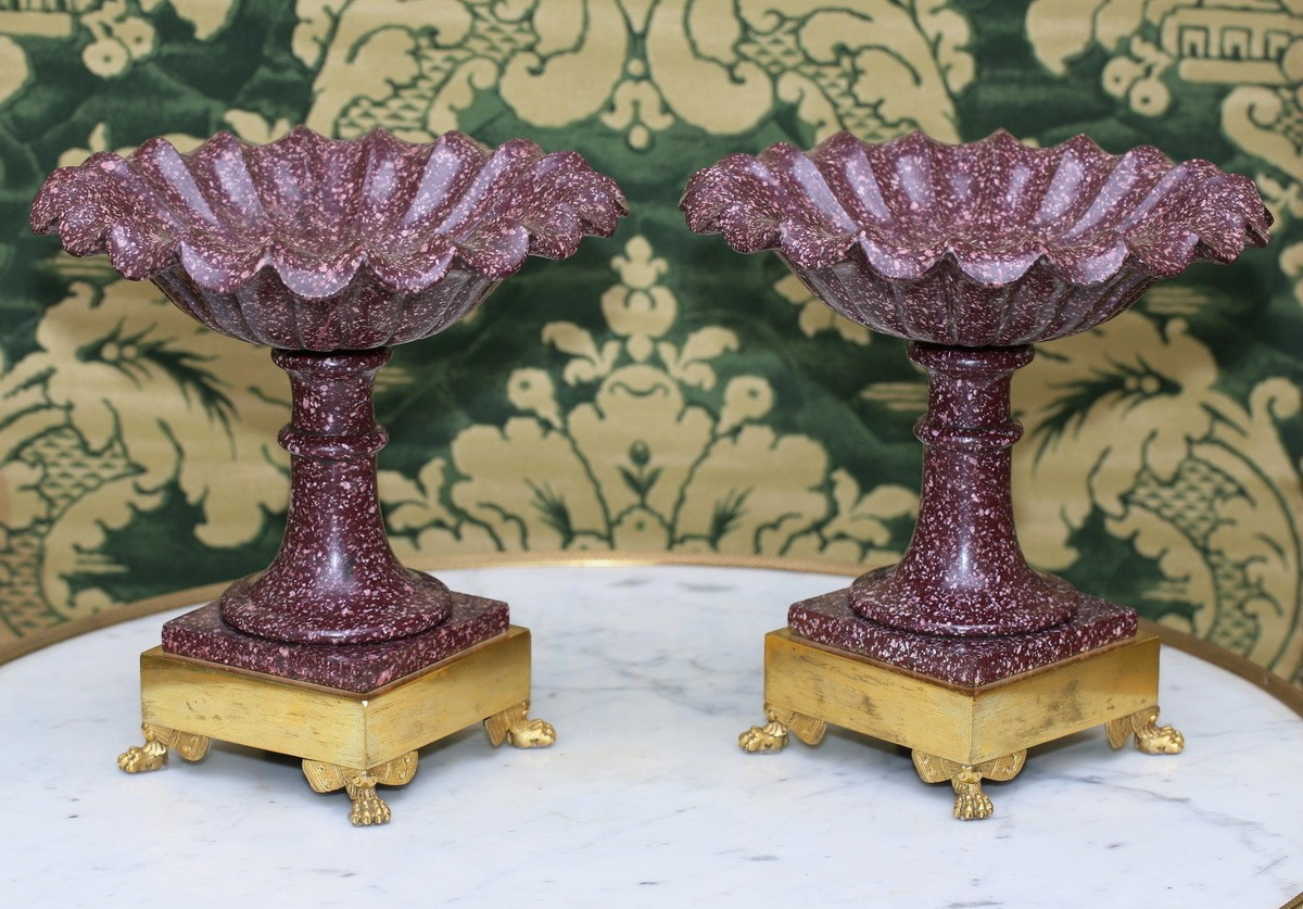 Pair Of Porphyry And Gilt Bronze Cups, Italy, Early 19th Century
