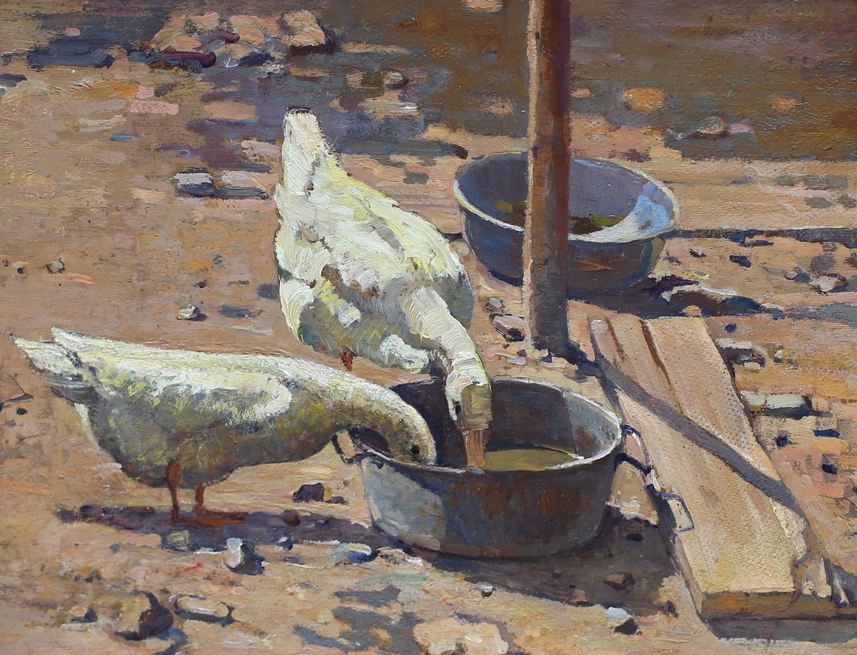 Ecole Française Début XXème, Canards Dans Basse Cours , Huile Sur Carton.-photo-3