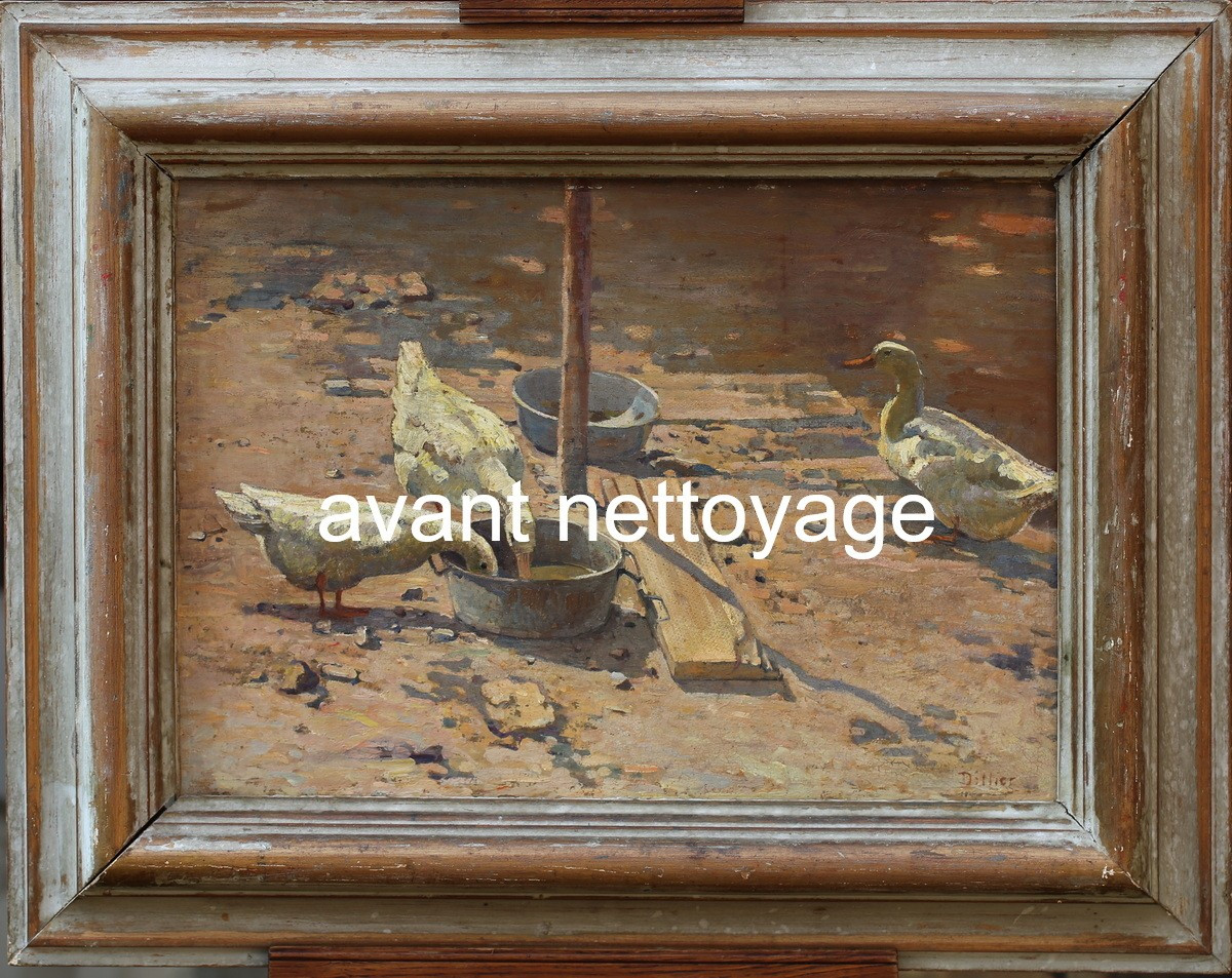 Ecole Française Début XXème, Canards Dans Basse Cours , Huile Sur Carton.-photo-2