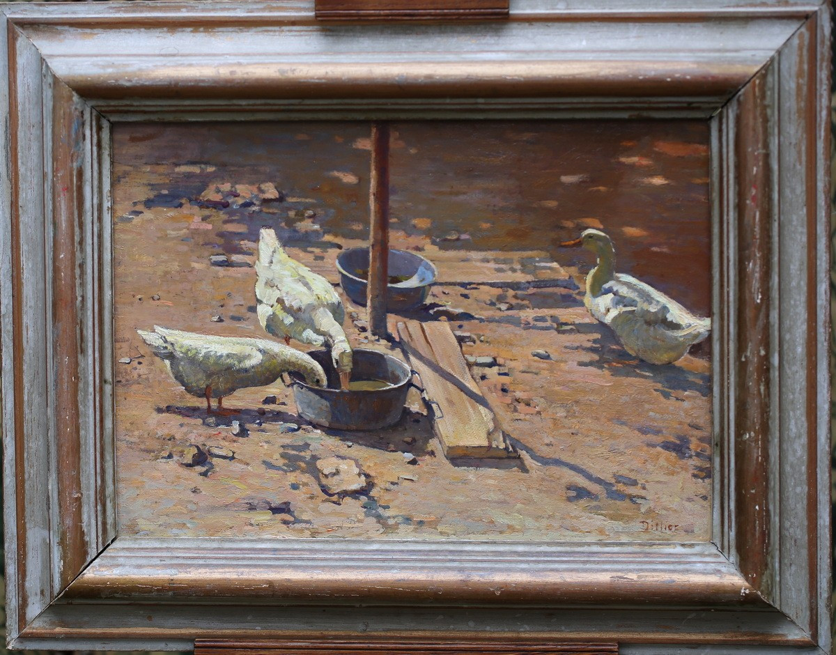 Ecole Française Début XXème, Canards Dans Basse Cours , Huile Sur Carton.