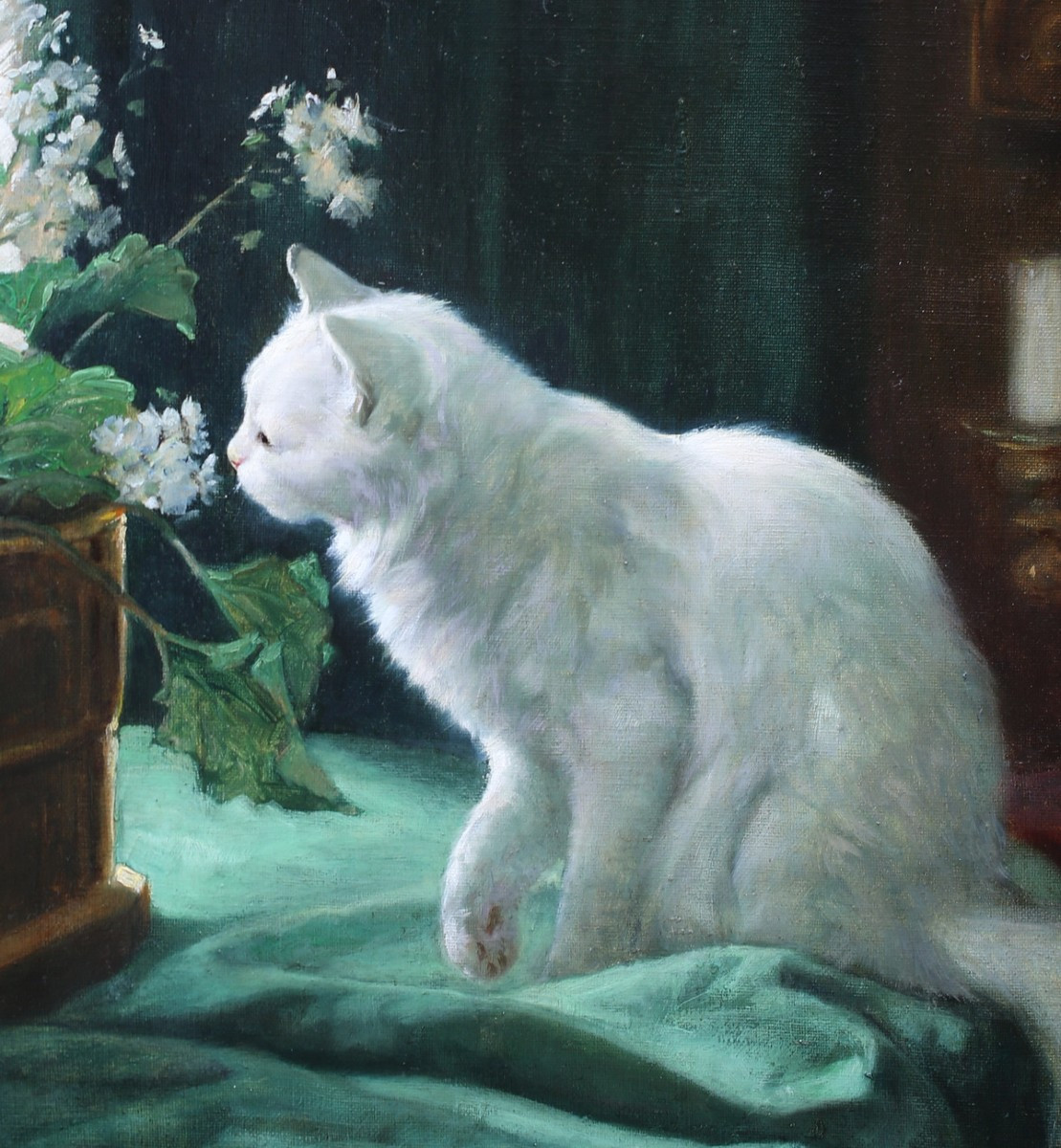 Arthur Heyer 1872-1931, White Cat And Flower Pot Oil On Canvas.-photo-3
