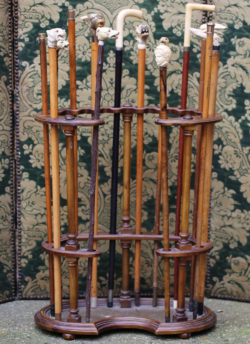 Collection Of 14 Walking Sticks And Their Stand, Late 19th Century-photo-2