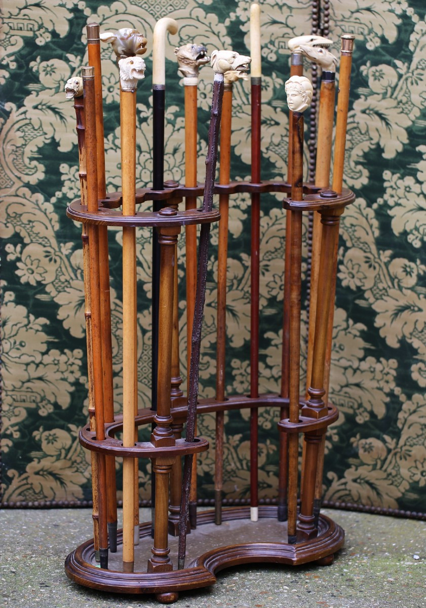 Collection Of 14 Walking Sticks And Their Stand, Late 19th Century