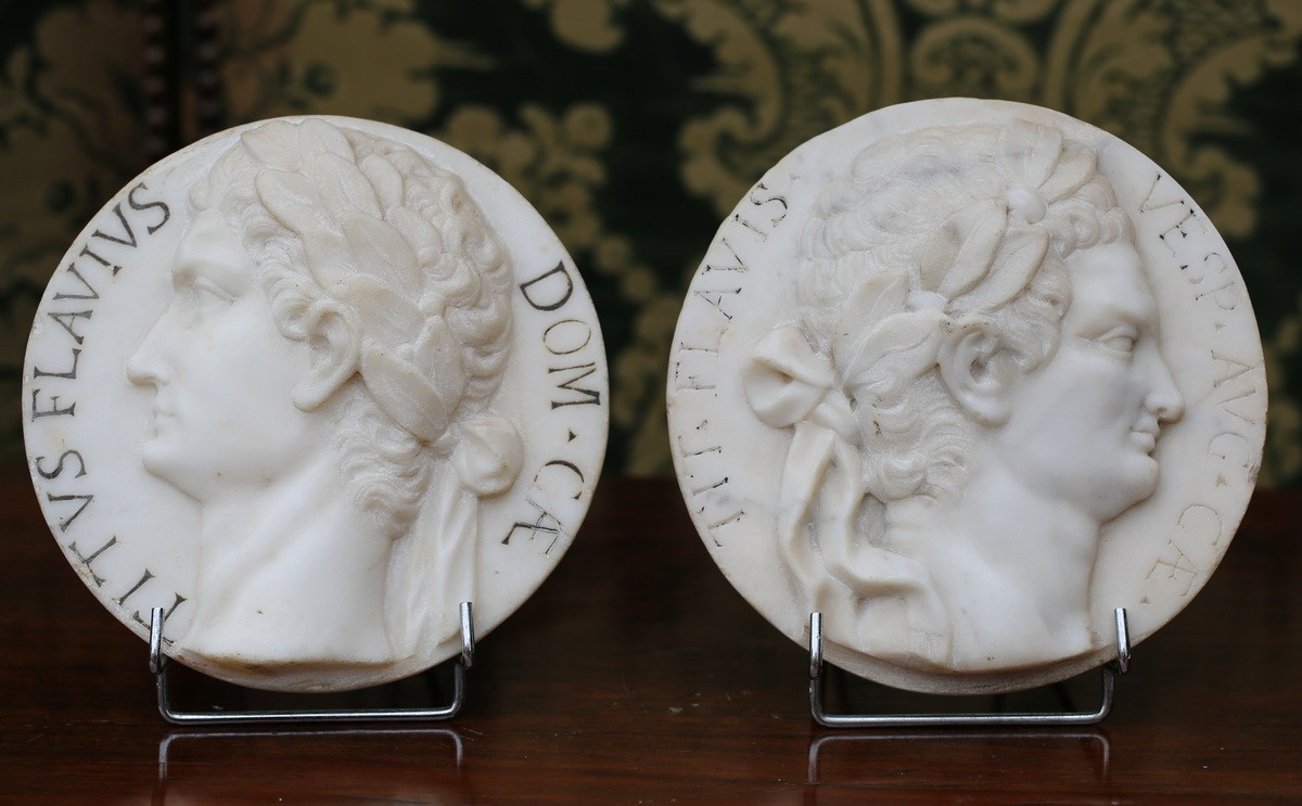 18th Century Italian School, Pair Of Profiles, Titus Flavius Dom And Tf Vespa White Marble-photo-2