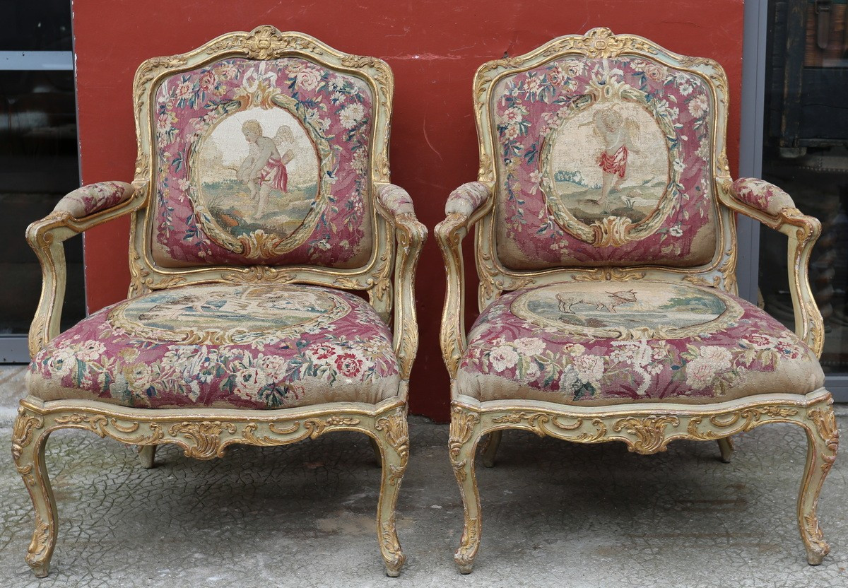Pair Of Louis XV Style Armchairs With Flat Backs, 18th Century Aubusson Tapestries-photo-2