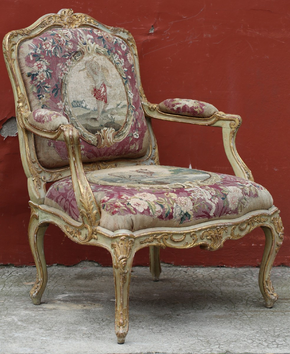 Pair Of Louis XV Style Armchairs With Flat Backs, 18th Century Aubusson Tapestries-photo-3