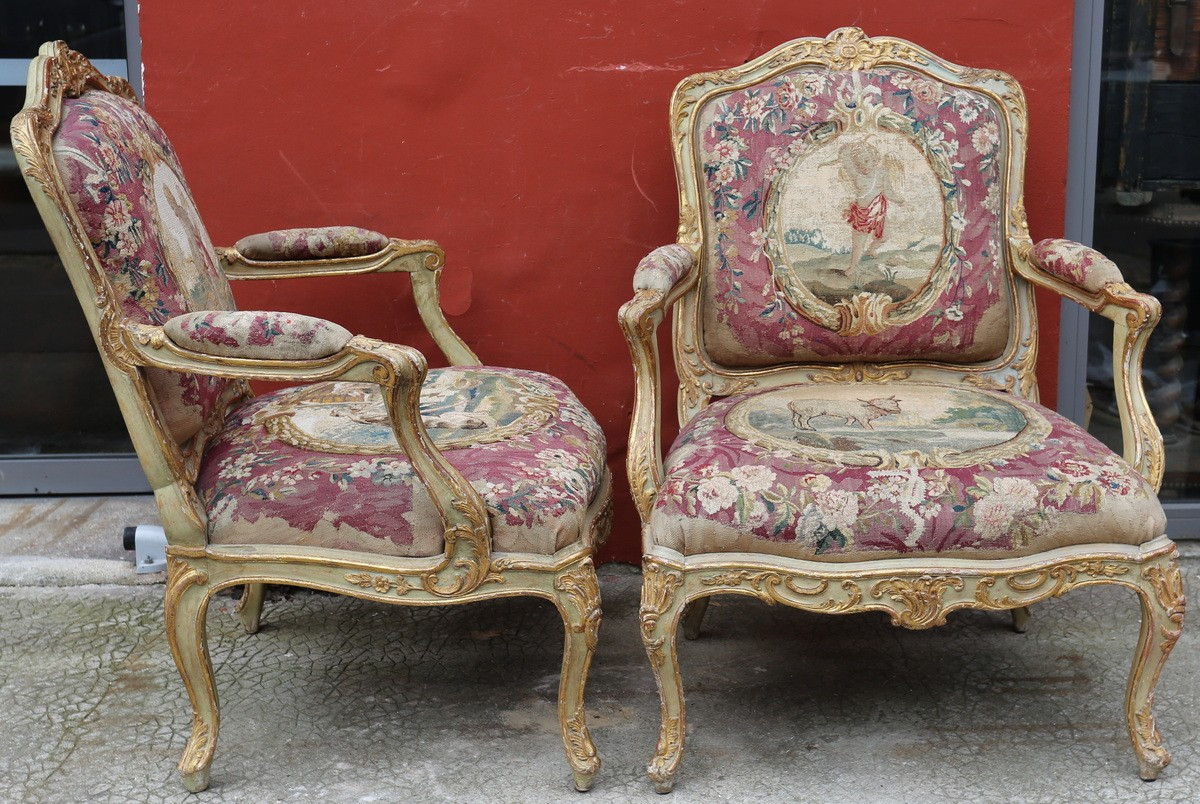 Pair Of Louis XV Style Armchairs With Flat Backs, 18th Century Aubusson Tapestries-photo-4