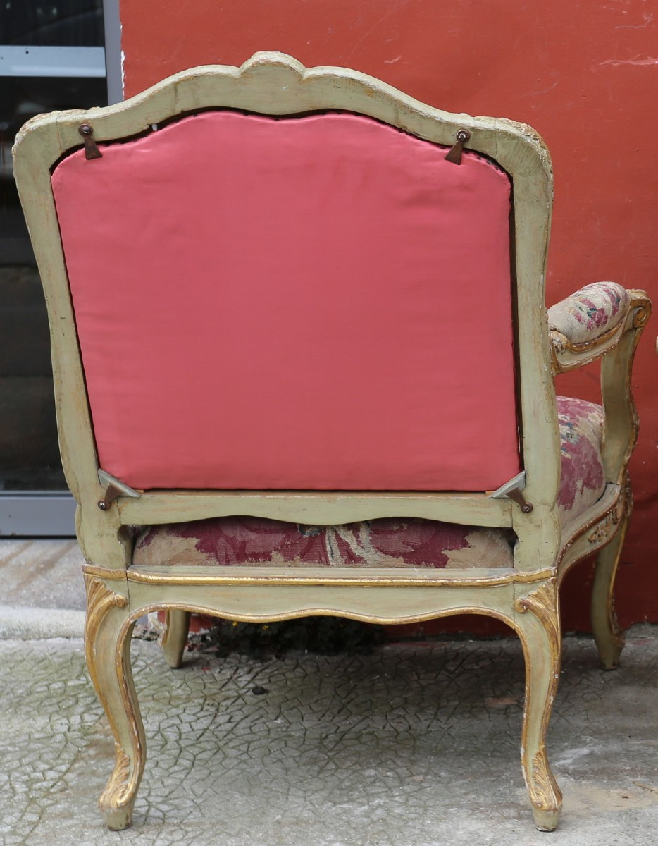 Pair Of Louis XV Style Armchairs With Flat Backs, 18th Century Aubusson Tapestries-photo-4
