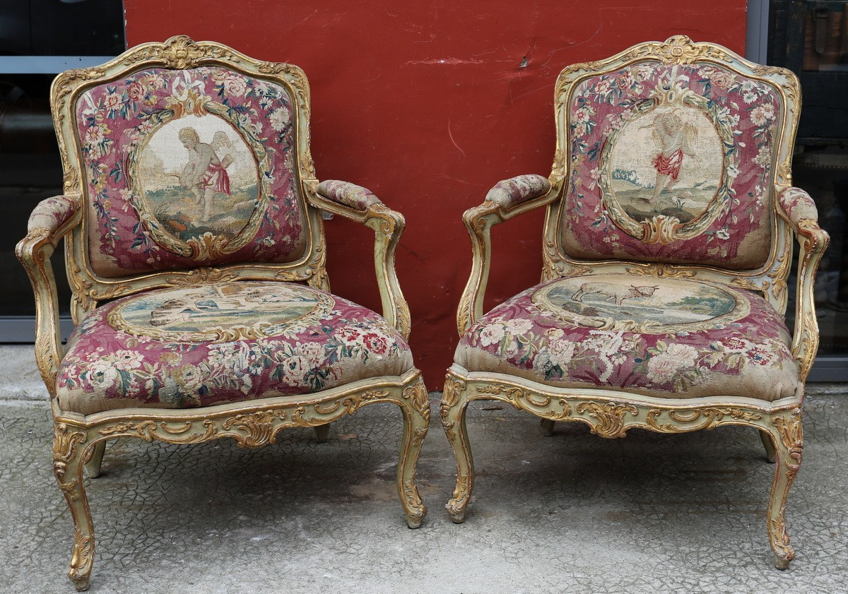Pair Of Louis XV Style Armchairs With Flat Backs, 18th Century Aubusson Tapestries