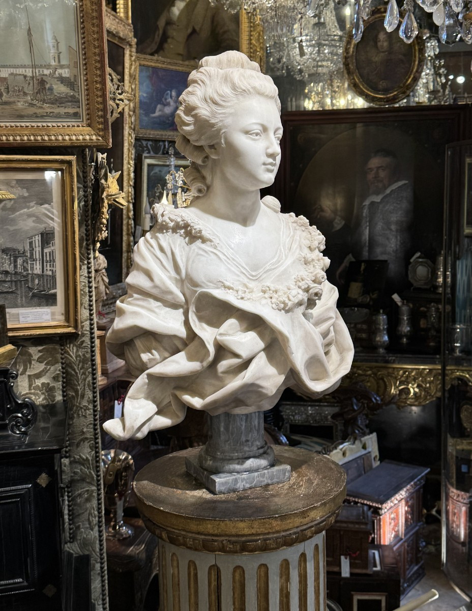 Ecole Française Du XIXème Dans Le Goût Du XVIII, Buste De Jeune Fille Guirlande Fleurs.-photo-2