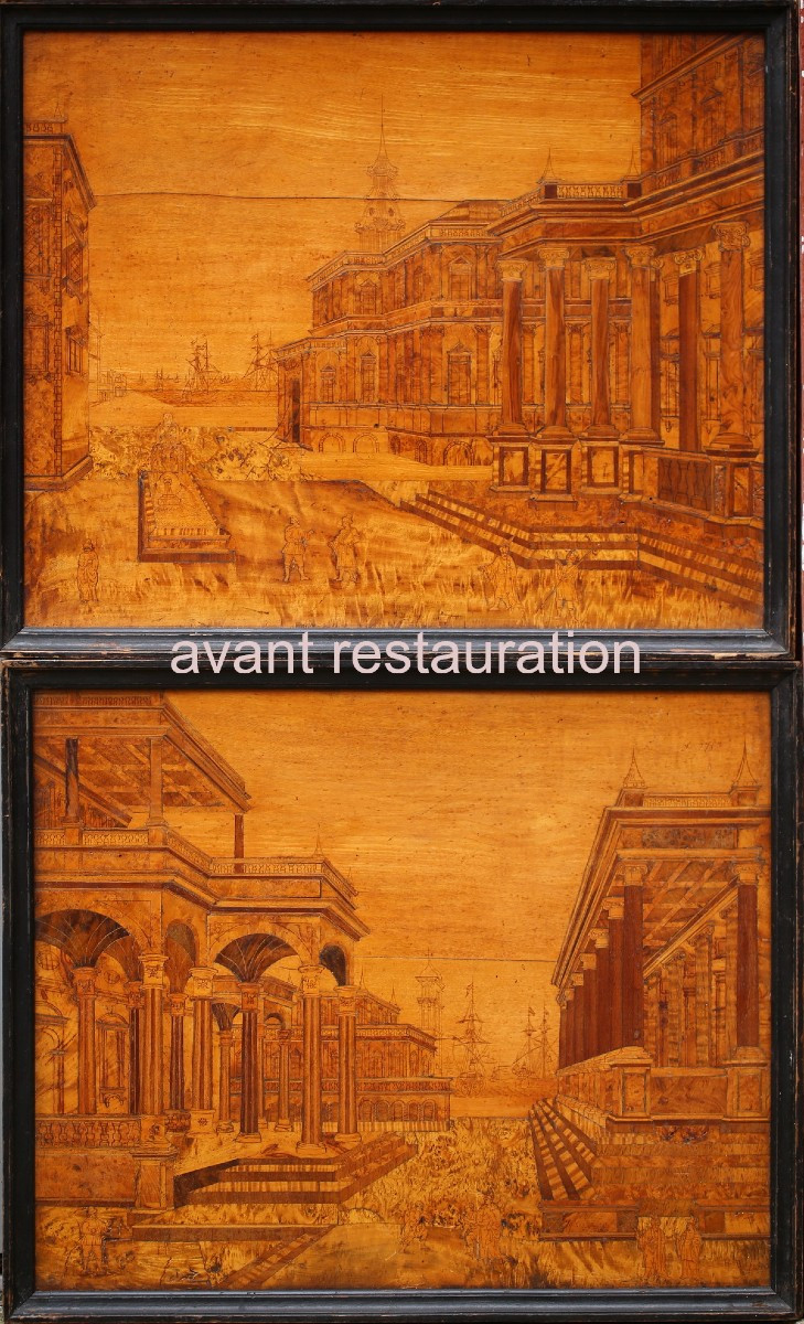 Ecole Italienne Du XVIIIème , Paysage Architecture En Marqueterie De Bois.-photo-1