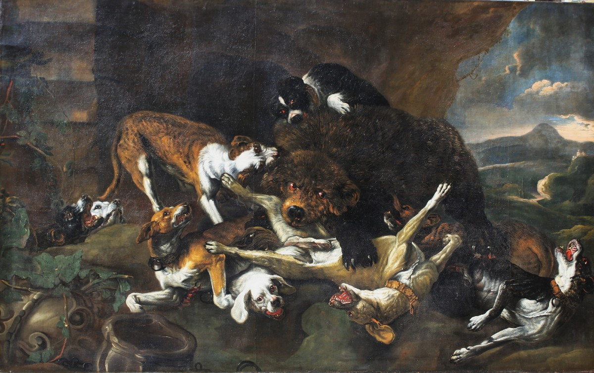 Jan Fyt 1611-1661 Entourage Of, Bear Hunting, Important Oil On Canvas.