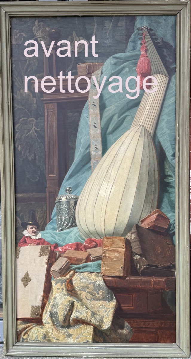 André Jerzy MNISZECH 1823-1905, nature morte au luth et au polichinelle datée 1884-photo-2