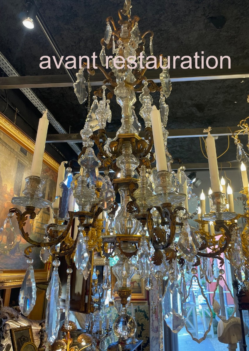 Late 19th Century Italian Chandelier In Gilded Bronze And Louis XV Style Crystals.-photo-2