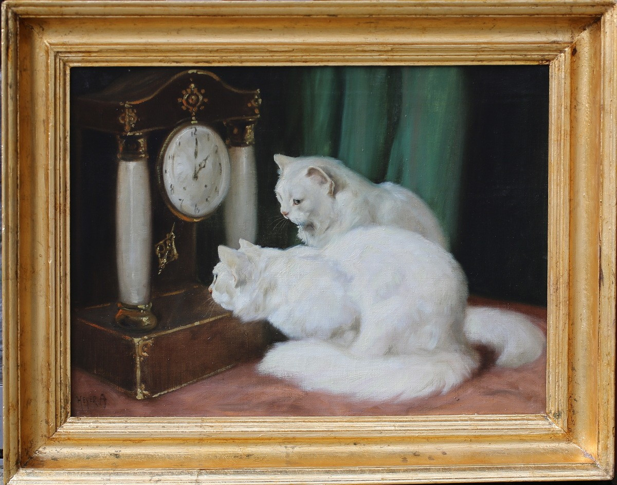 Arthur HEYER 1872-1931, deux 2 chats et la pendule