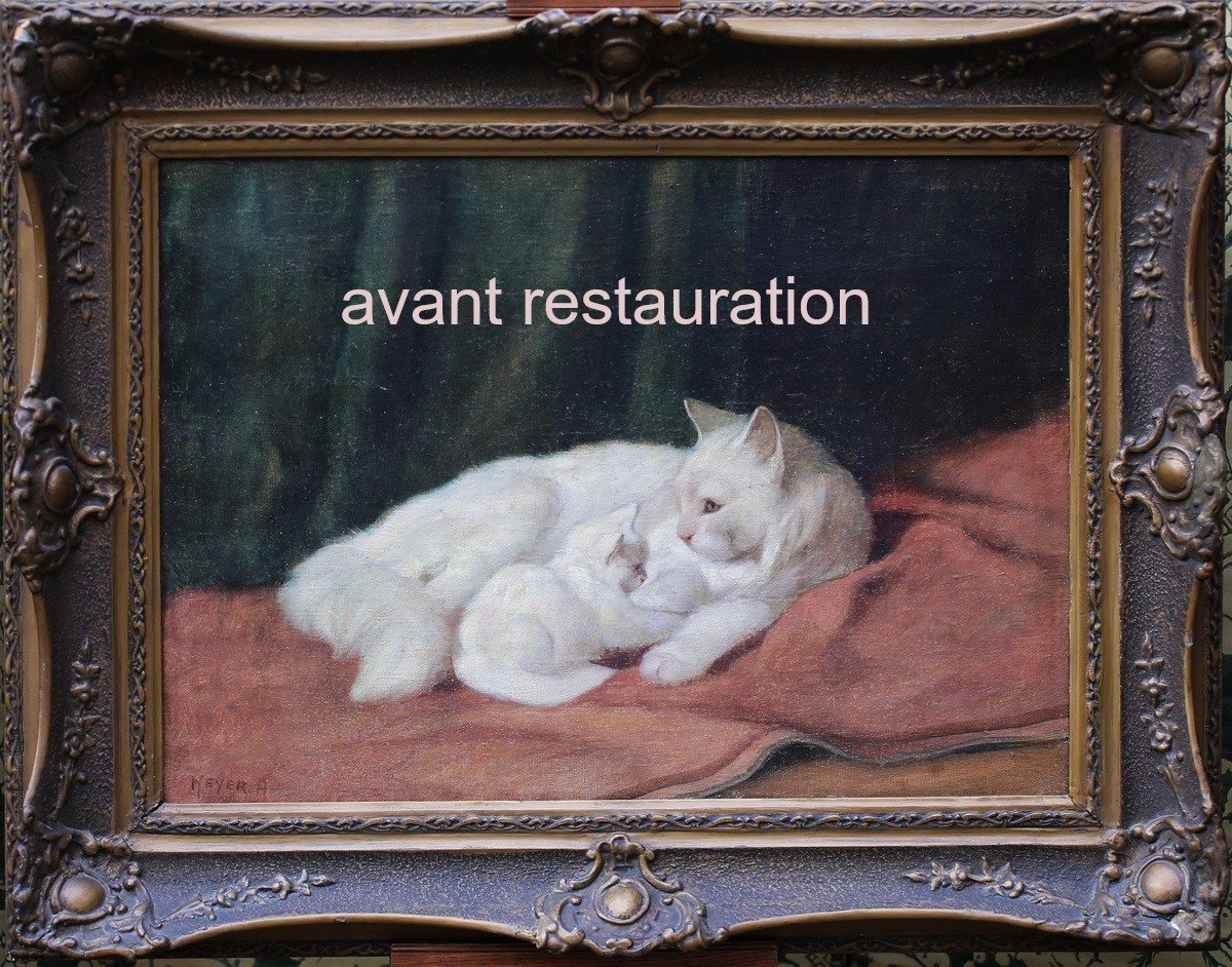 Arthur HEYER 1872-1931 Chatte et son chaton, huile sur toile-photo-2