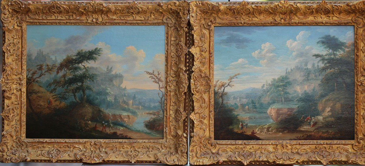French School, Late 18th Century, Animated Mountain Landscapes, Pair Of Oils On Wood.