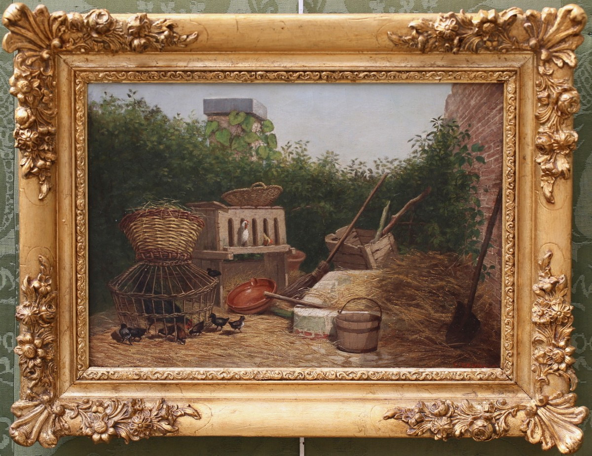 Edouard REYNART 1802-1879, Poules et poussins à la ferme, huile sur toile