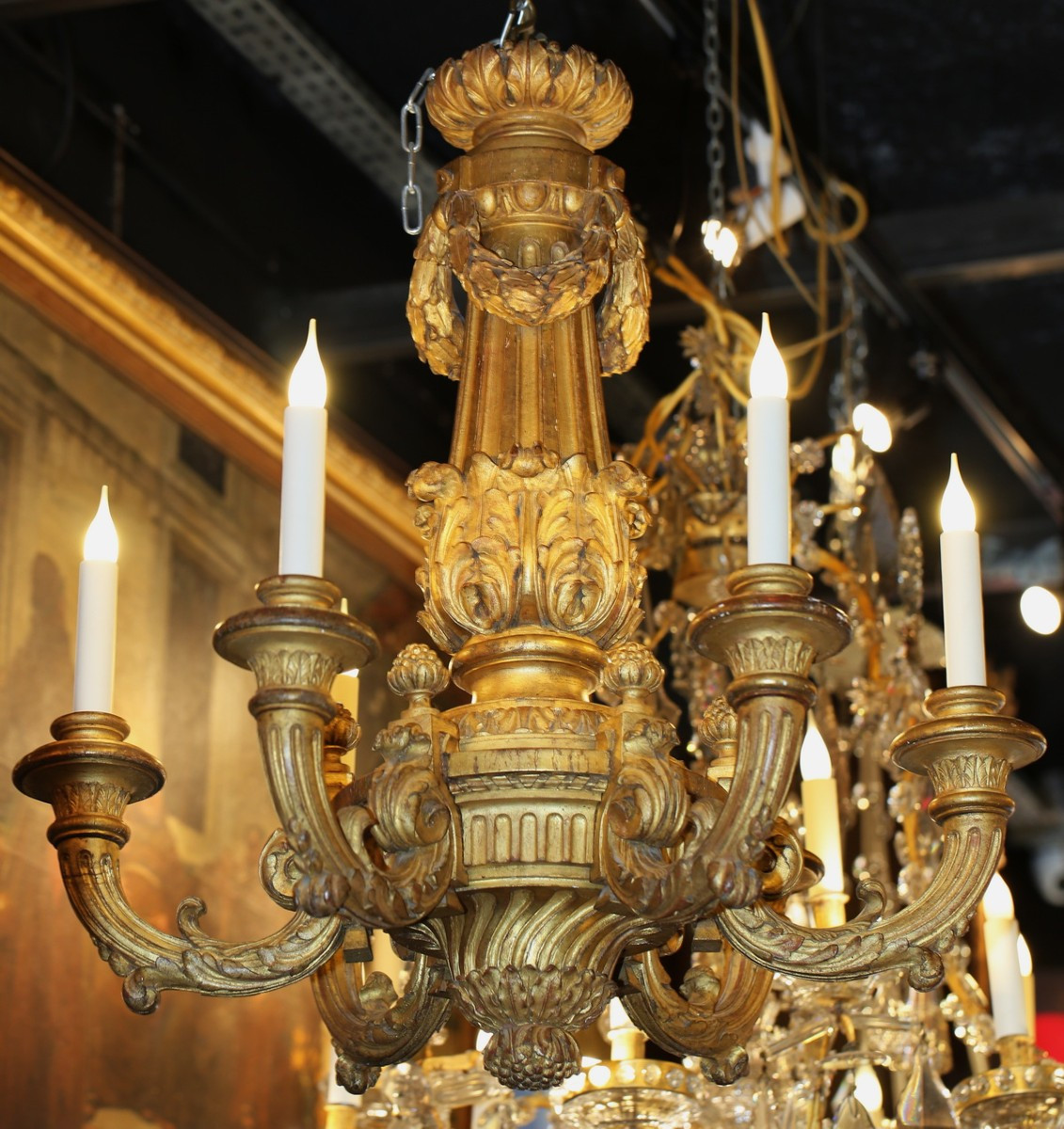 Louis XVI Style Chandelier With 6 Lights, Carved Gilded Wood, Early 20th Century