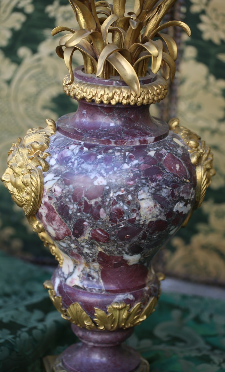 Pair Of Important Louis XVI Style Candelabras In Red Veined Marble And Gilt Bronze-photo-2