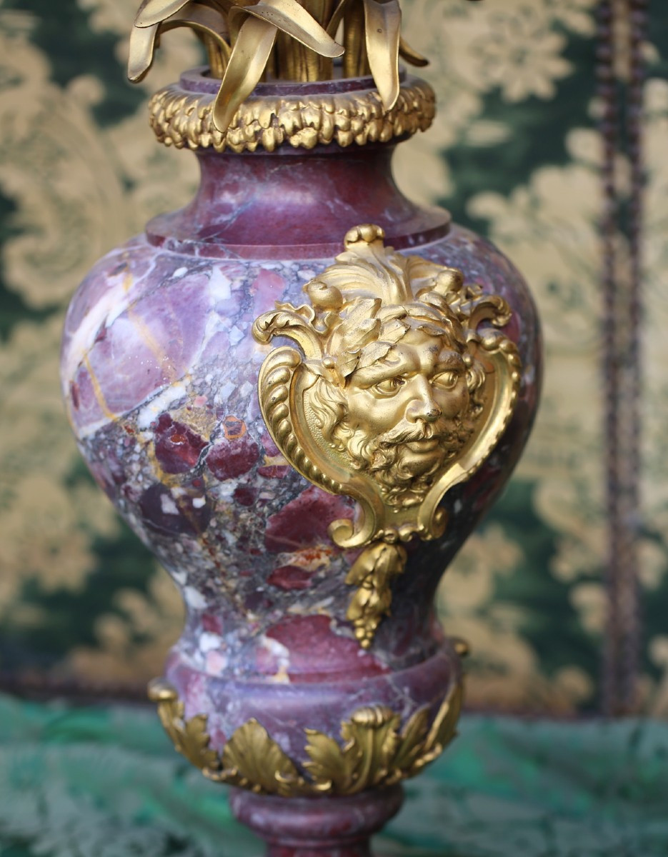 Pair Of Important Louis XVI Style Candelabras In Red Veined Marble And Gilt Bronze-photo-3