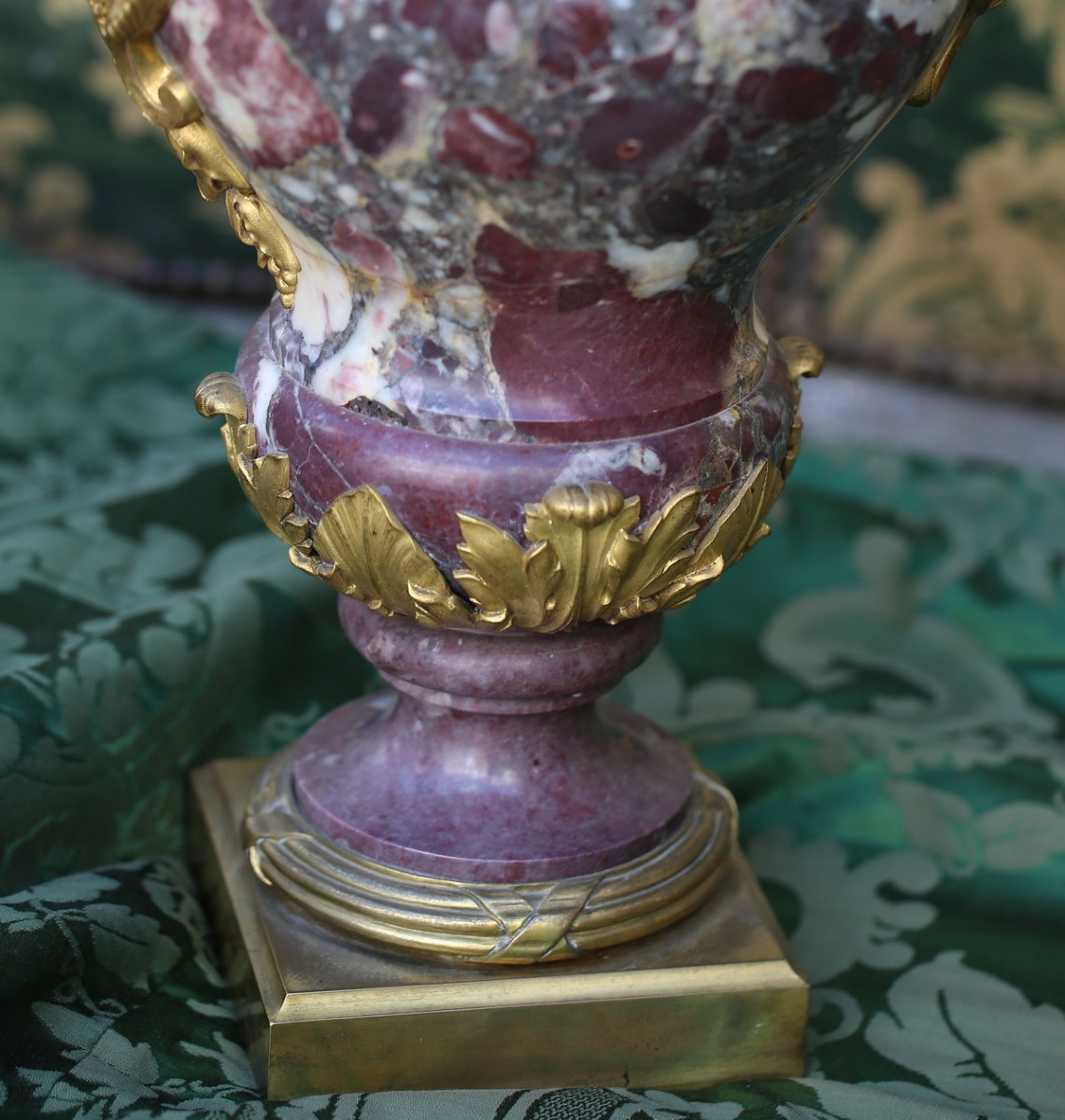 Pair Of Important Louis XVI Style Candelabras In Red Veined Marble And Gilt Bronze-photo-4