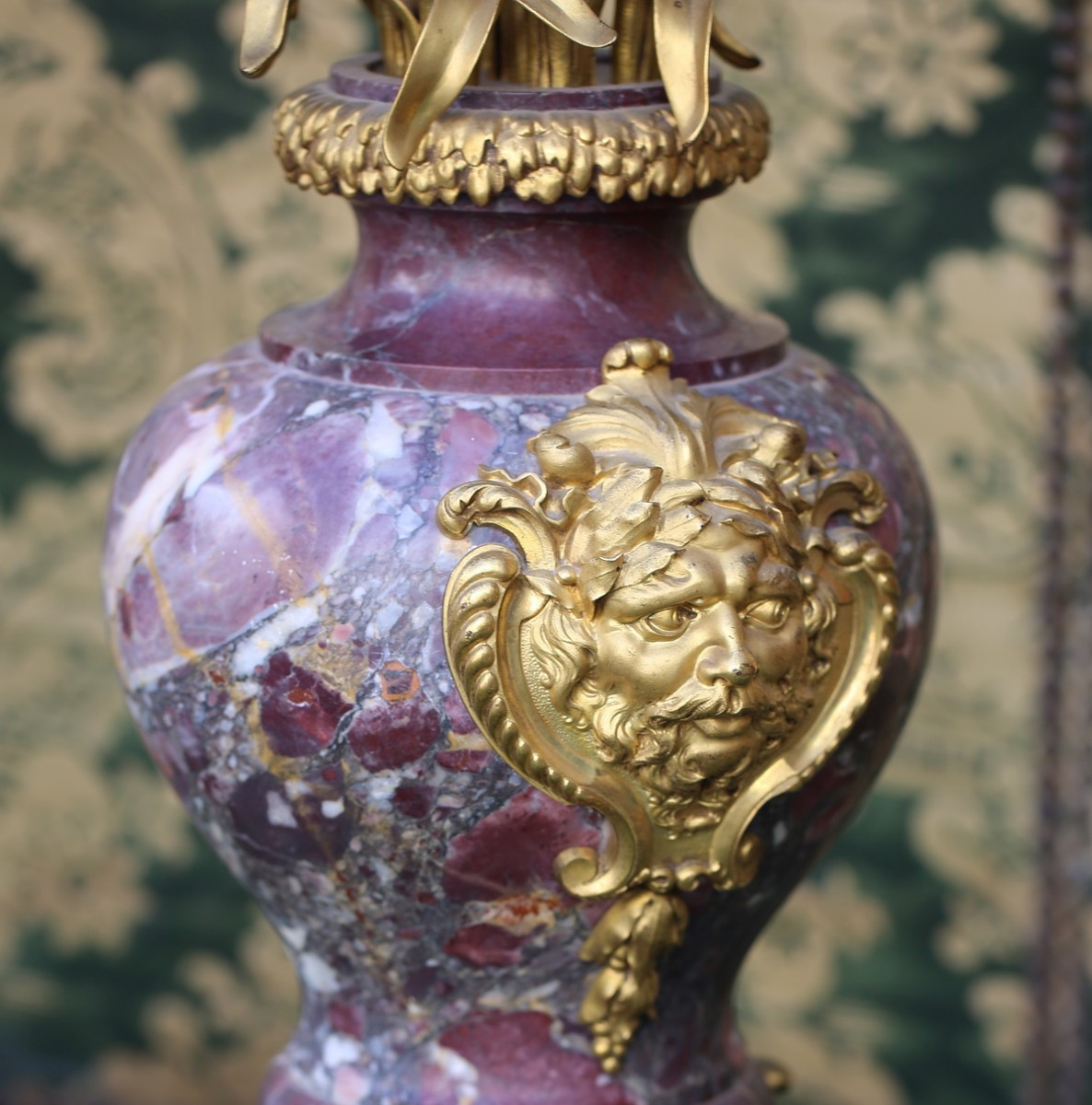 Pair Of Important Louis XVI Style Candelabras In Red Veined Marble And Gilt Bronze-photo-1