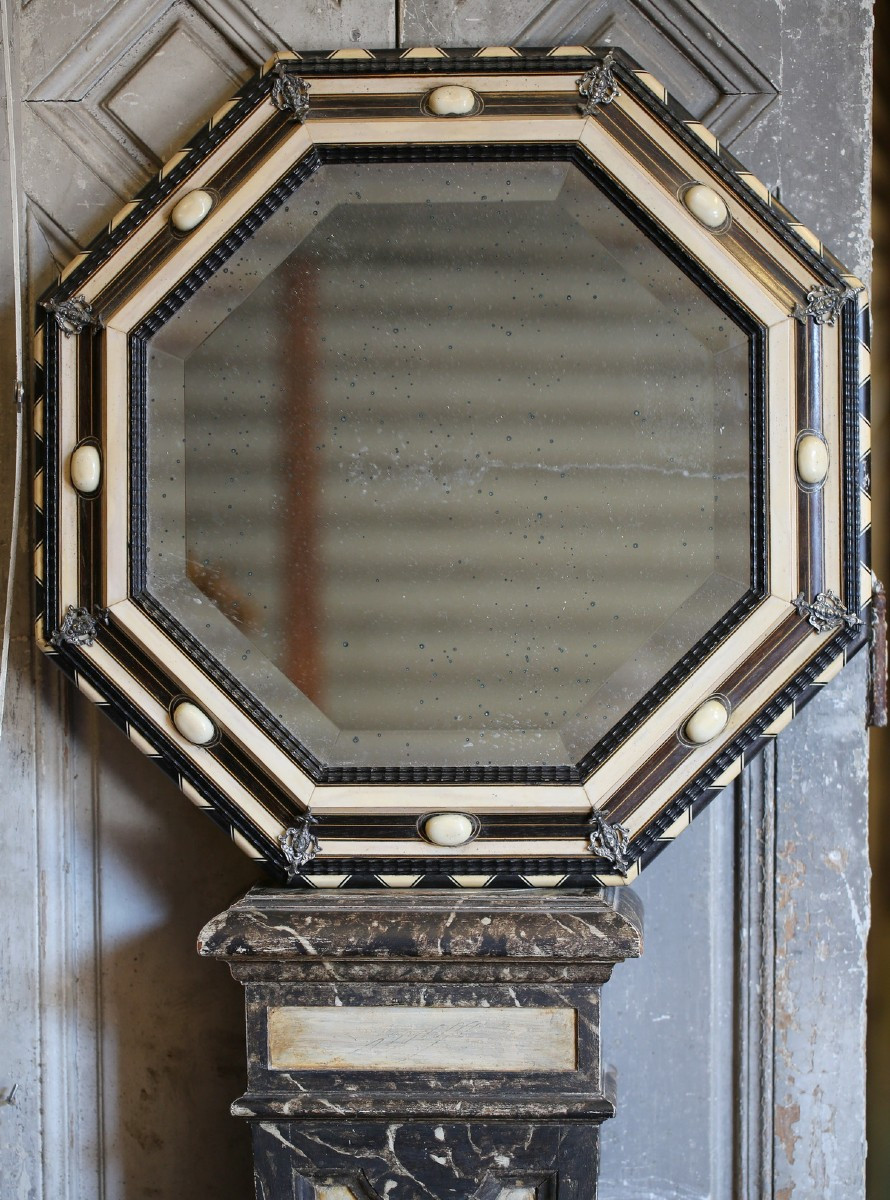 Renaissance Style Hexagonal Mirror In Ebony And Bone, Silvered Bronze Application-photo-2